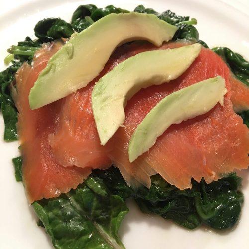 Smoked Salmon with Avocado on a bed of Sautéed Spinach